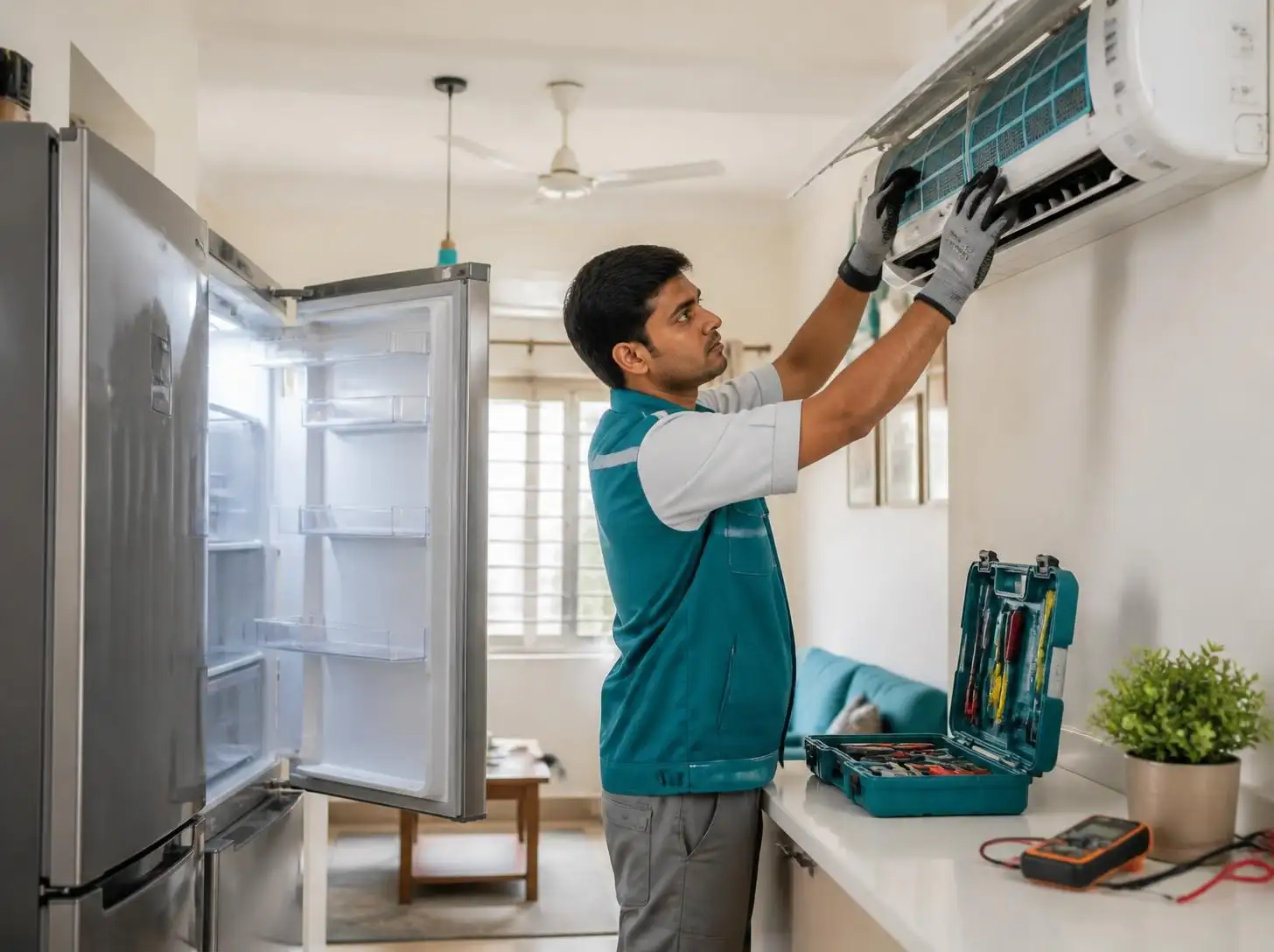 Joy Refrigeration & Engineering Works Ltd. technician repairing a fridge and AC in Tongi, Gazipur