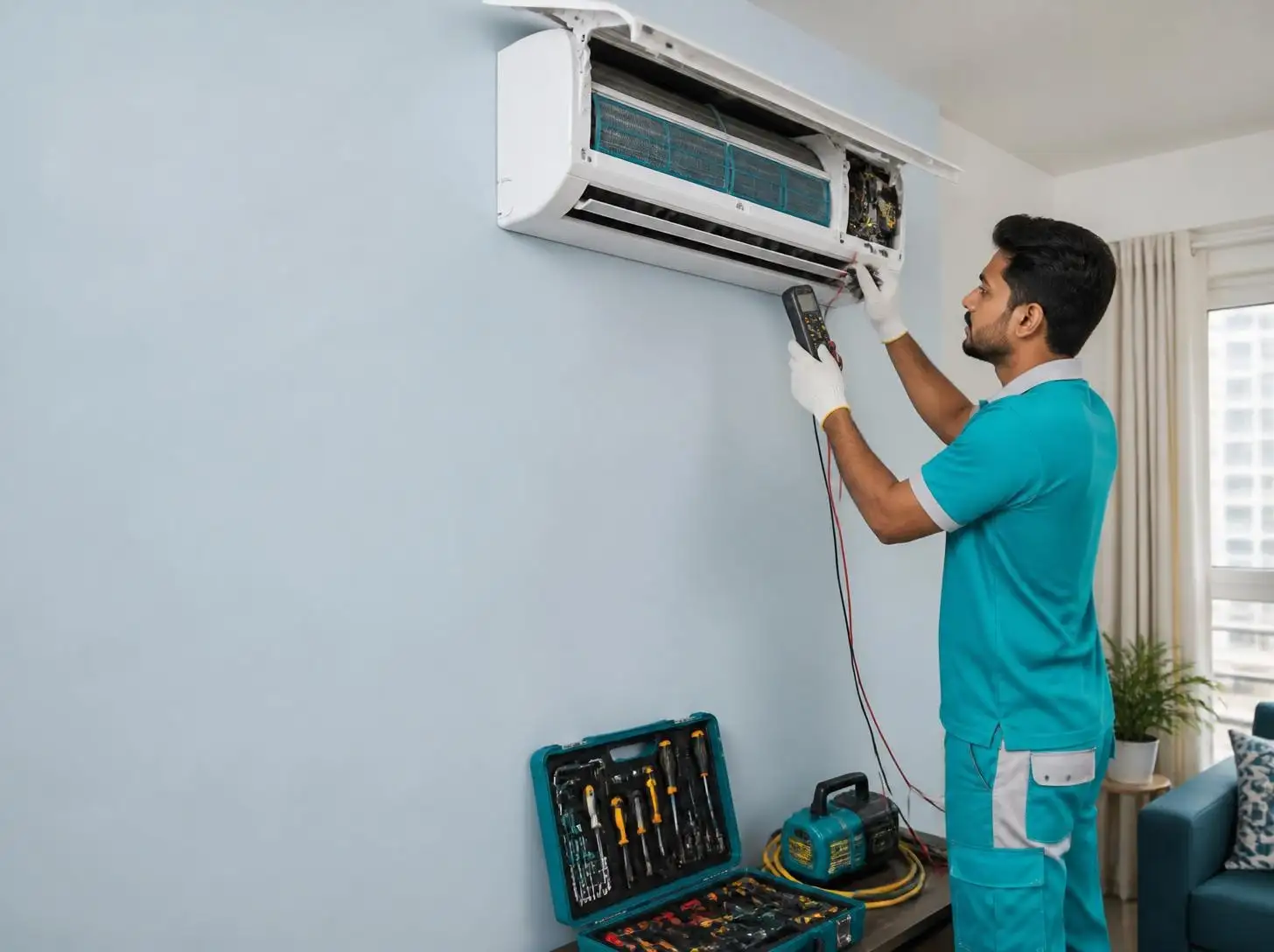 Joy Refrigeration & Engineering Works Ltd. technician repairing a split AC at a home in Gazipur