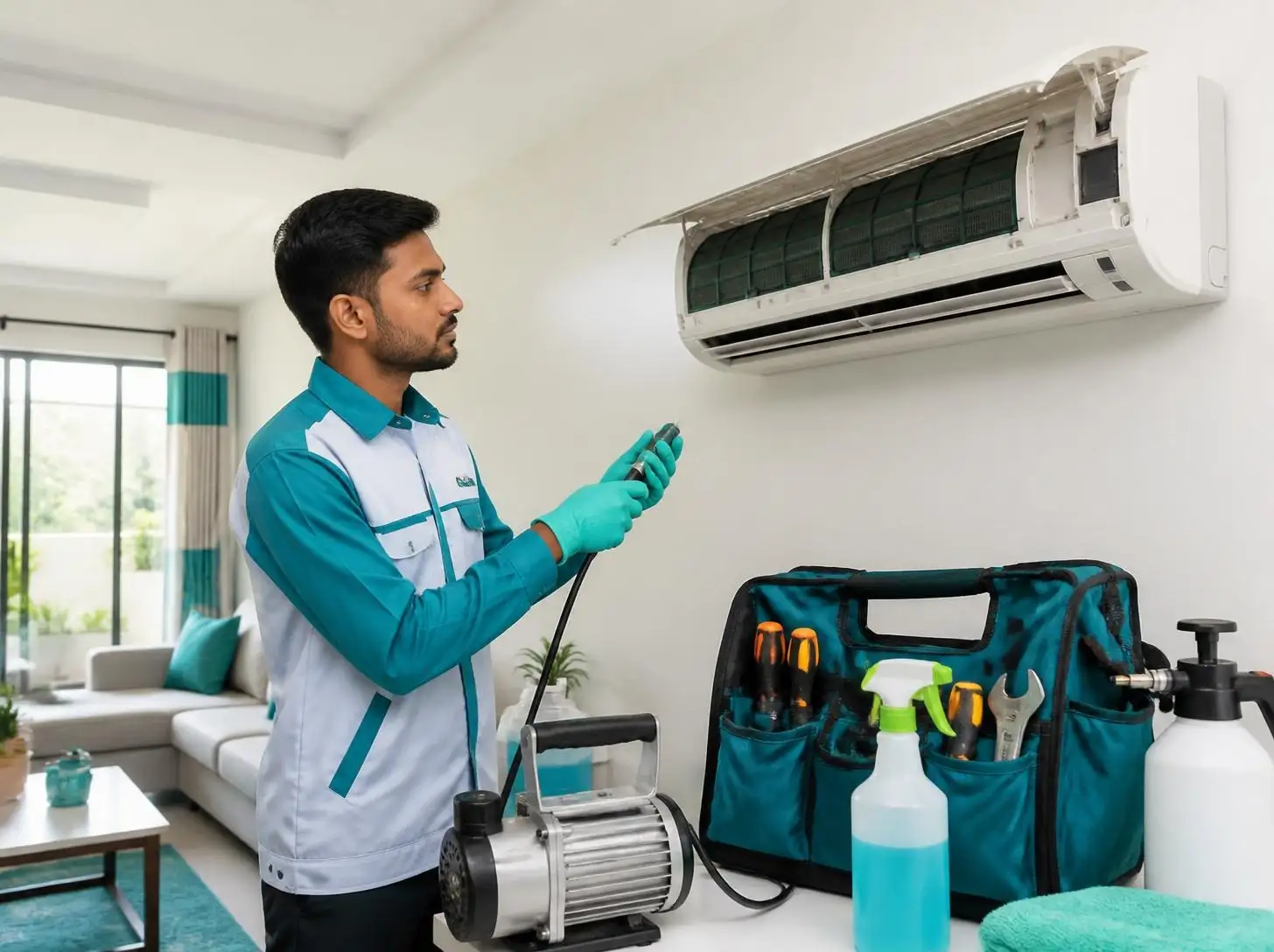 Joy Refrigeration & Engineering Works Ltd. technician servicing a split AC at a home in Gazipur