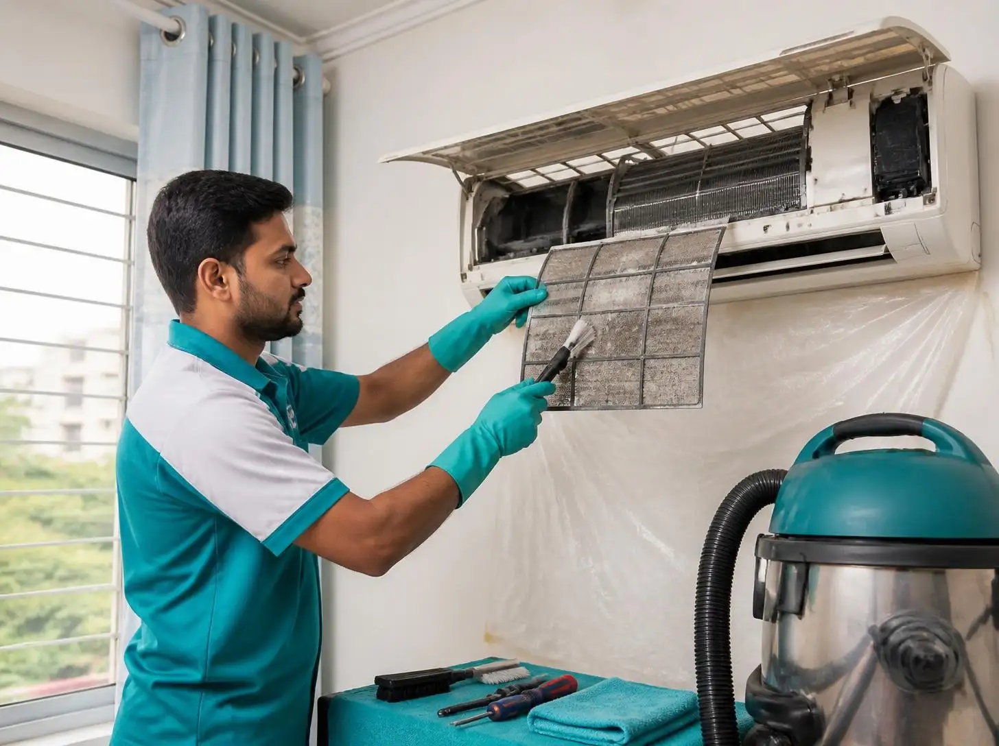 Joy Refrigeration & Engineering Works Ltd. technician cleaning an AC indoor unit in Gazipur