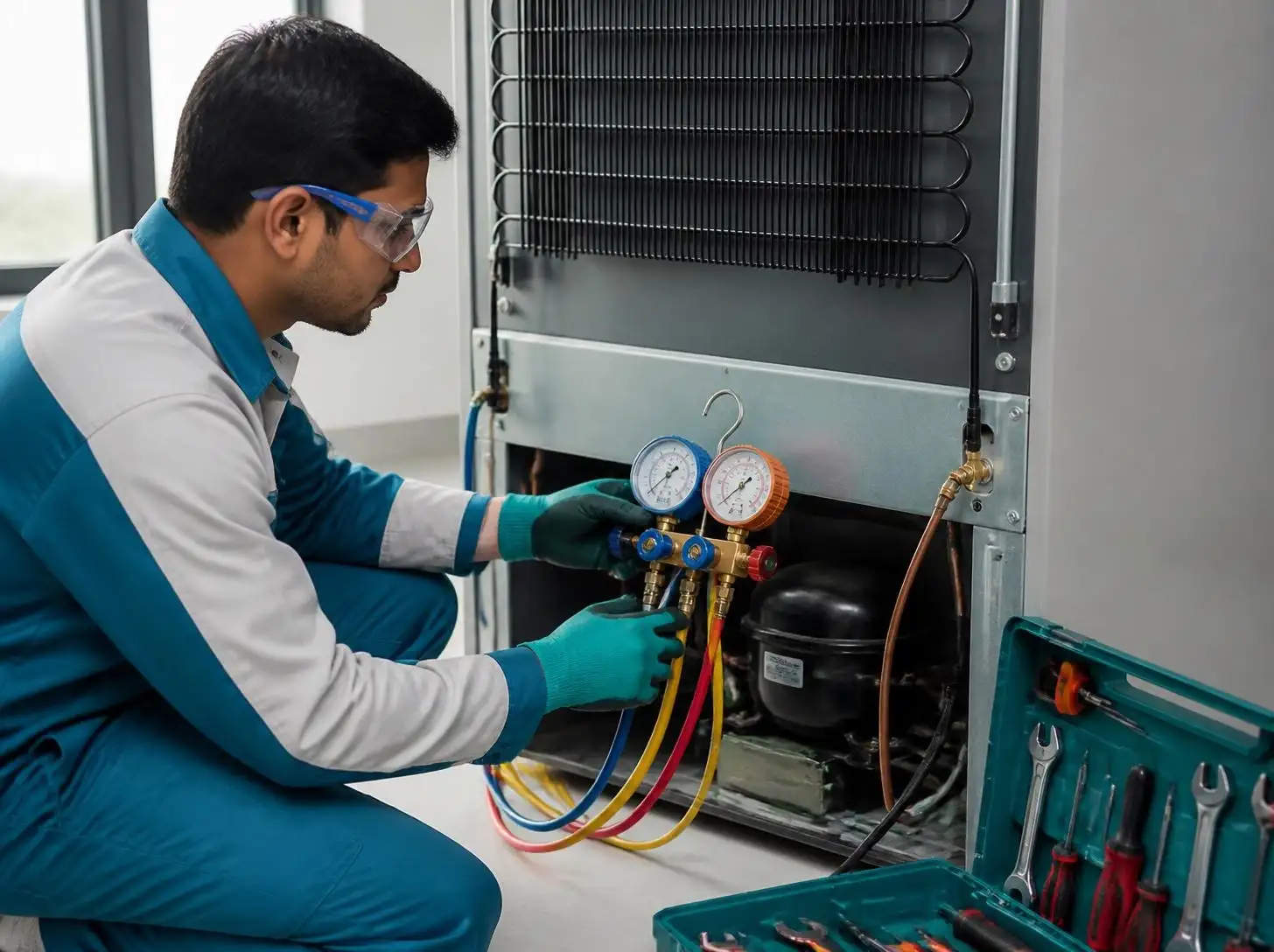 Joy Refrigeration & Engineering Works Ltd. technician checking fridge gas pressure in Gazipur