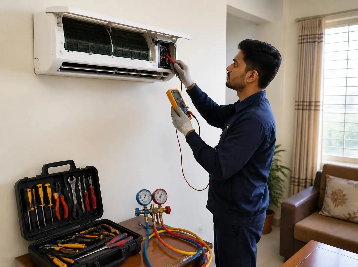 Joy Refrigeration & Engineering Works Ltd. technician repairing an AC in Chandana Chowrasta, Gazipur