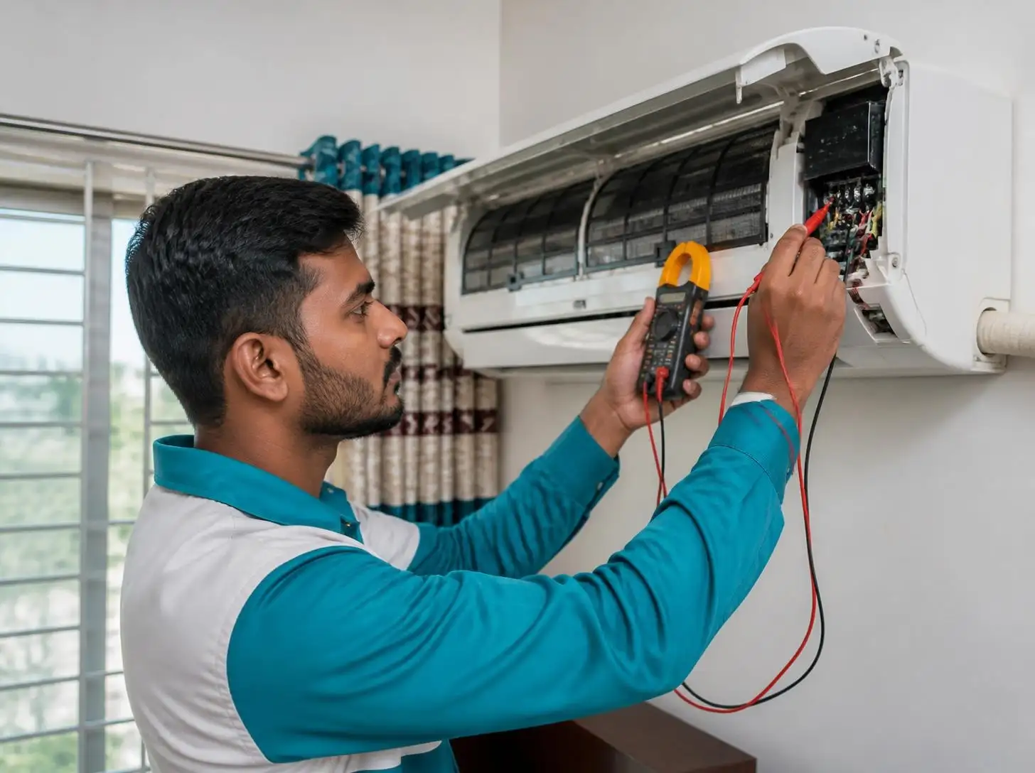 Joy Refrigeration & Engineering Works Ltd. technician checking an AC outdoor unit in Gazipur