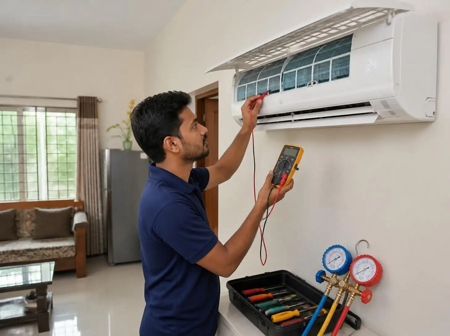Joy Refrigeration & Engineering Works Ltd. technician repairing an AC in Joydebpur, Gazipur