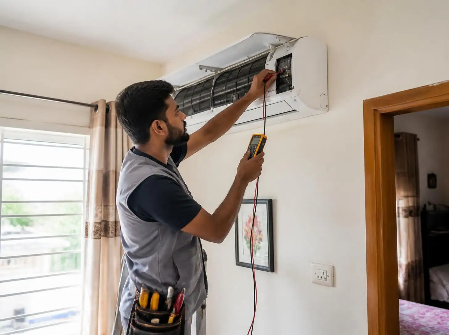 Joy Refrigeration & Engineering Works Ltd. technician repairing an AC in Kaliakair, Gazipur