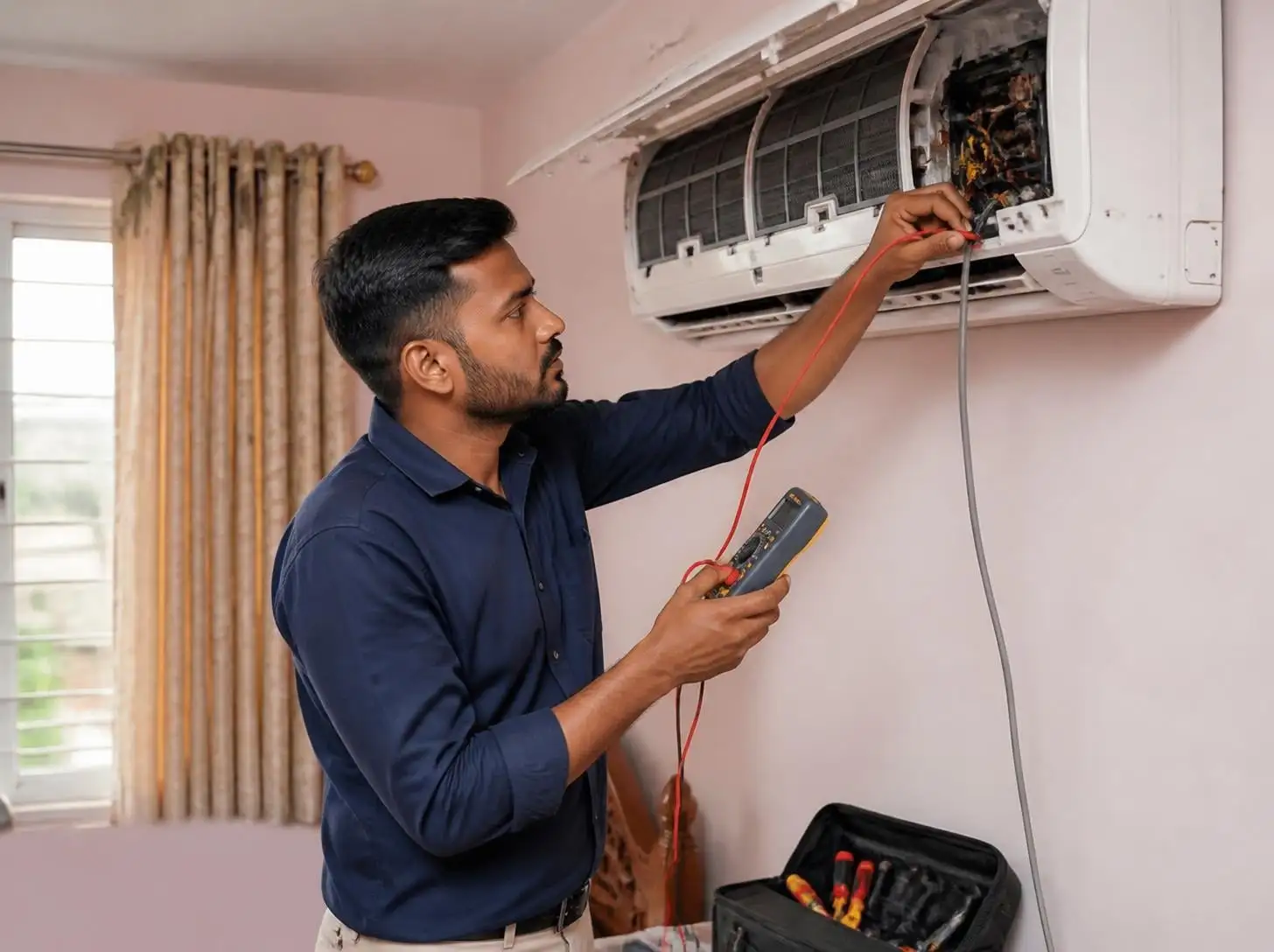 Joy Refrigeration & Engineering Works Ltd. technician repairing an AC in Kapasia, Gazipur