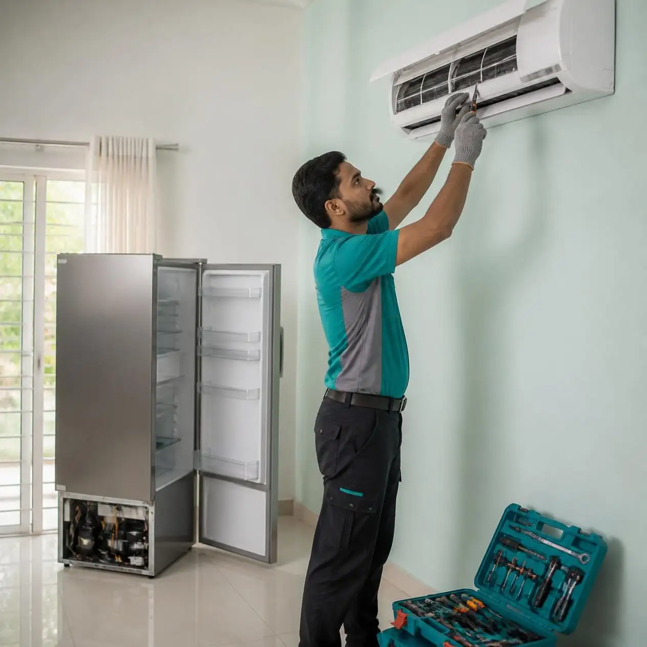 Joy Refrigeration & Engineering Works Ltd. technician repairing an AC in Pubail, Gazipur
