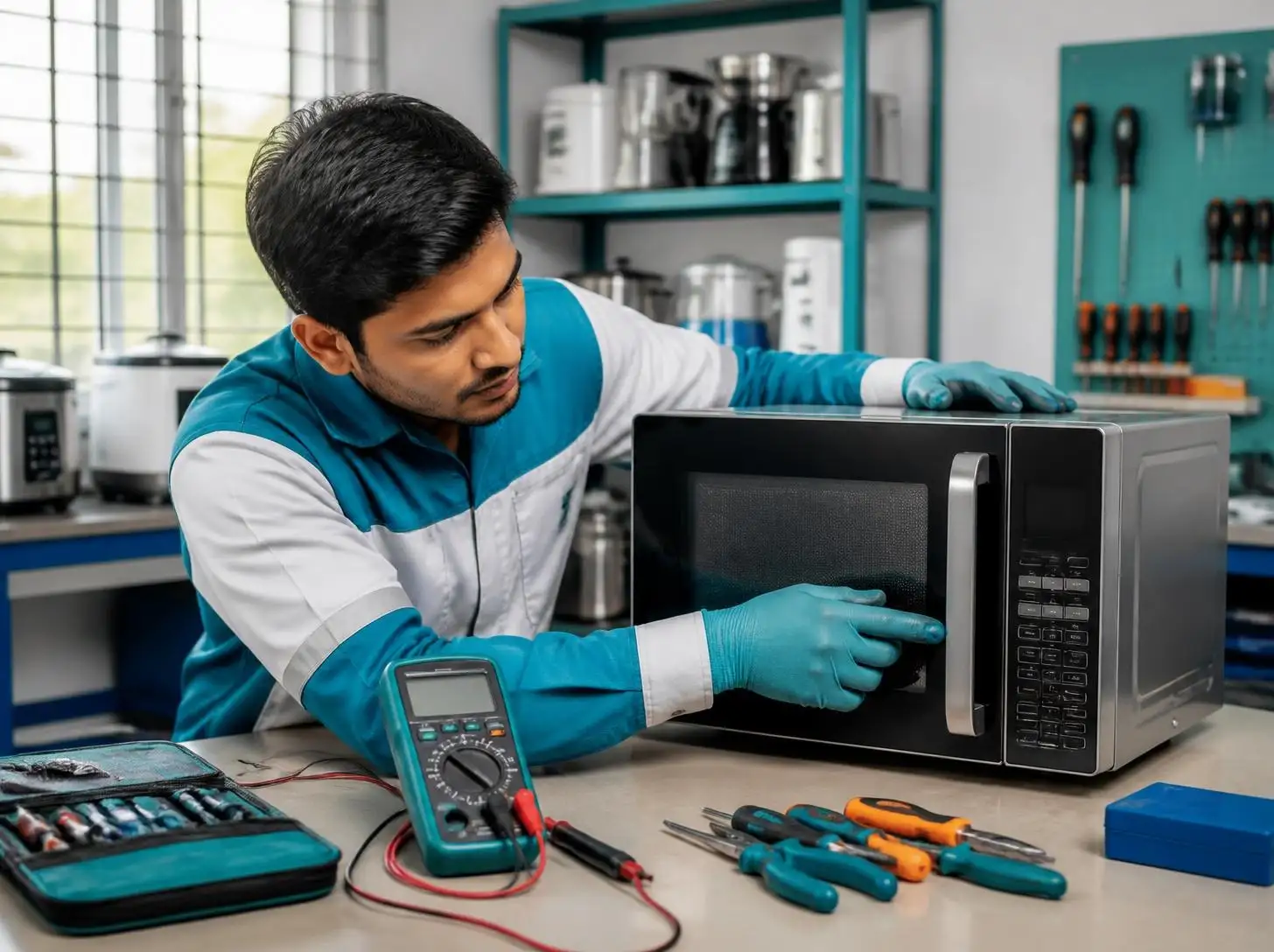 Joy Refrigeration & Engineering Works Ltd. technician testing a microwave oven in Gazipur