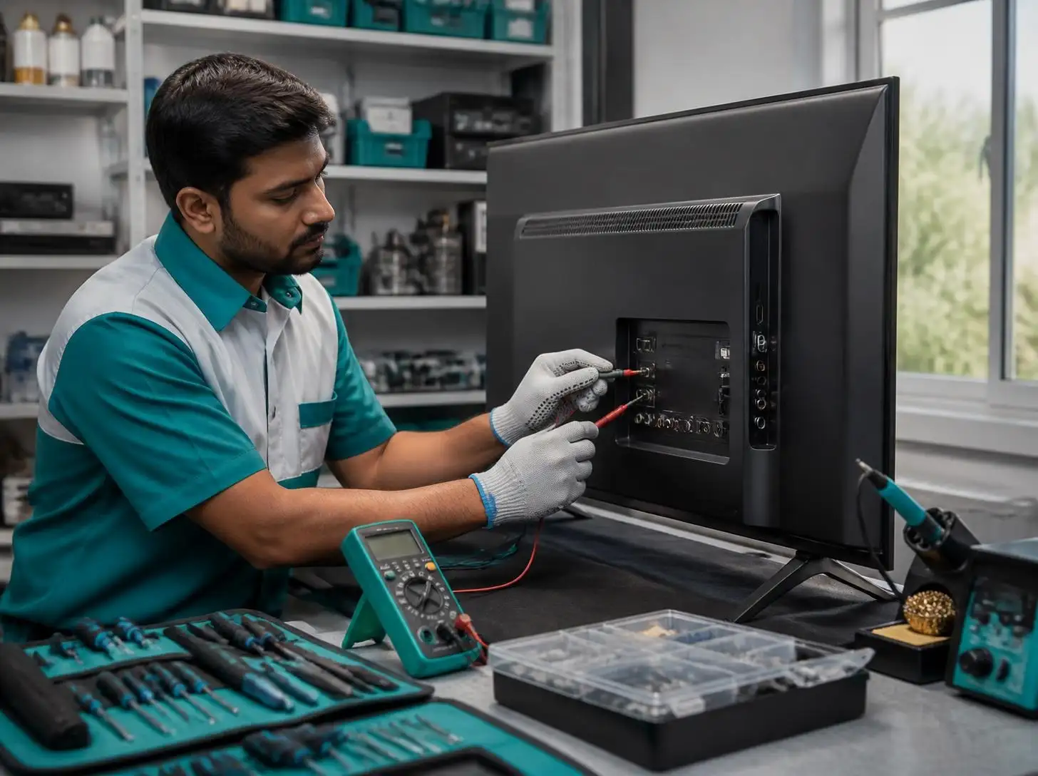 Joy Refrigeration & Engineering Works Ltd. technician testing a TV main board in Gazipur