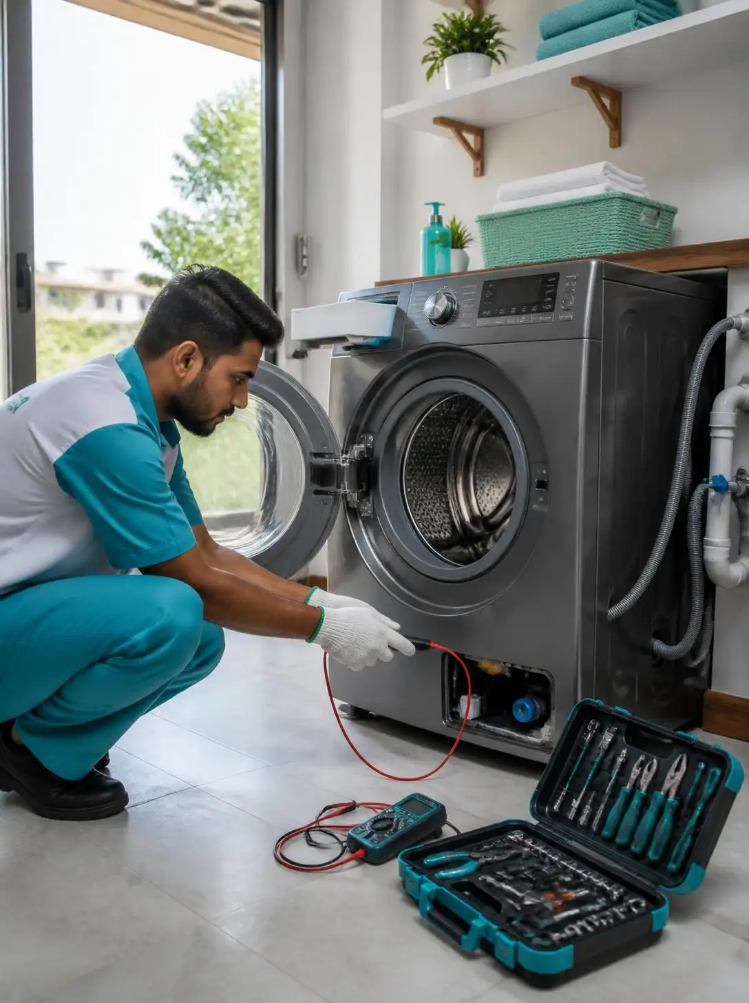 Joy Refrigeration & Engineering Works Ltd. technician repairing a washing machine at a home in Gazipur